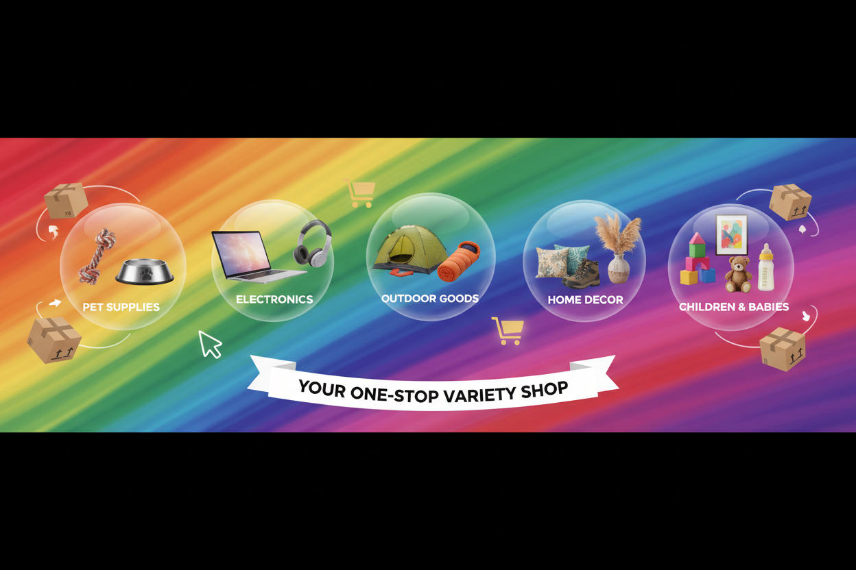 Create me a background photo for a variety store that sells Pet Supplies
Electronics
Outdoor Goods
Home Decor
Children & Babies supplies
Make it known that it is an online shopping store. Use the colors of the rainbow